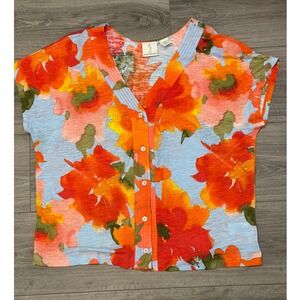 JJoie Linen‎ Blend Floral Top Large Resort Tropical Coconut Girl Resort Chic